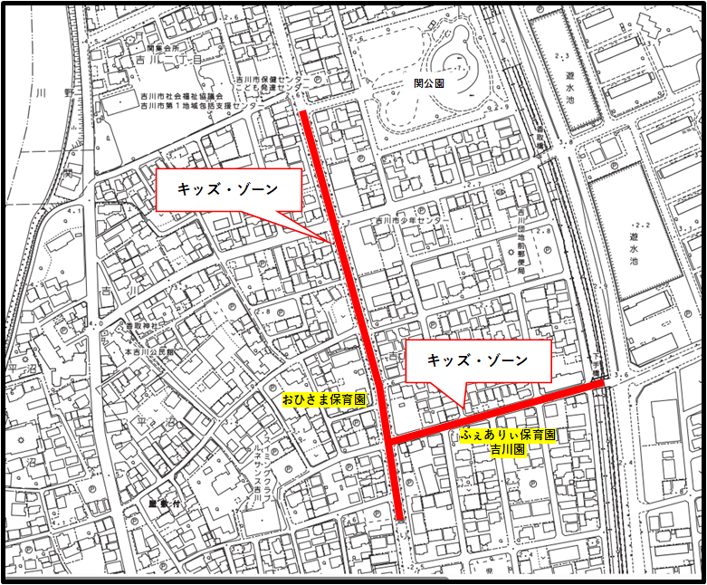 吉川一丁目29番地10から吉川一丁目10番地7、吉川一丁目9番地12から吉川一丁目6番地14の位置図