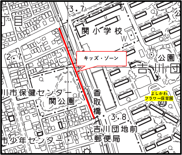 吉川一丁目30番地42から吉川二丁目5番地12の位置図
