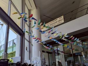 市内小学生が作成した公共施設に飾られたなまずのぼり