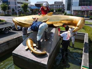金のなまずを掃除する市長と職員たち