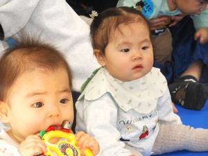 自己紹介の様子を見ている2人の赤ちゃんのアップ写真