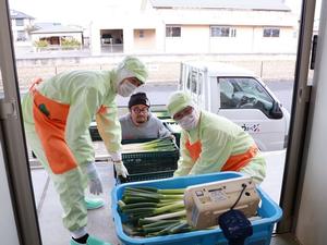 市長の給食センター業務体験の様子、食材搬入