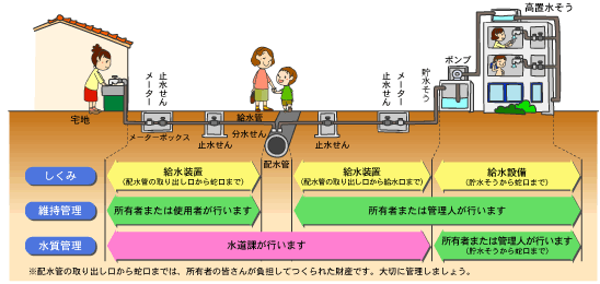 給水装置のしくみ、維持管理と水質管理の区分を説明するイラスト